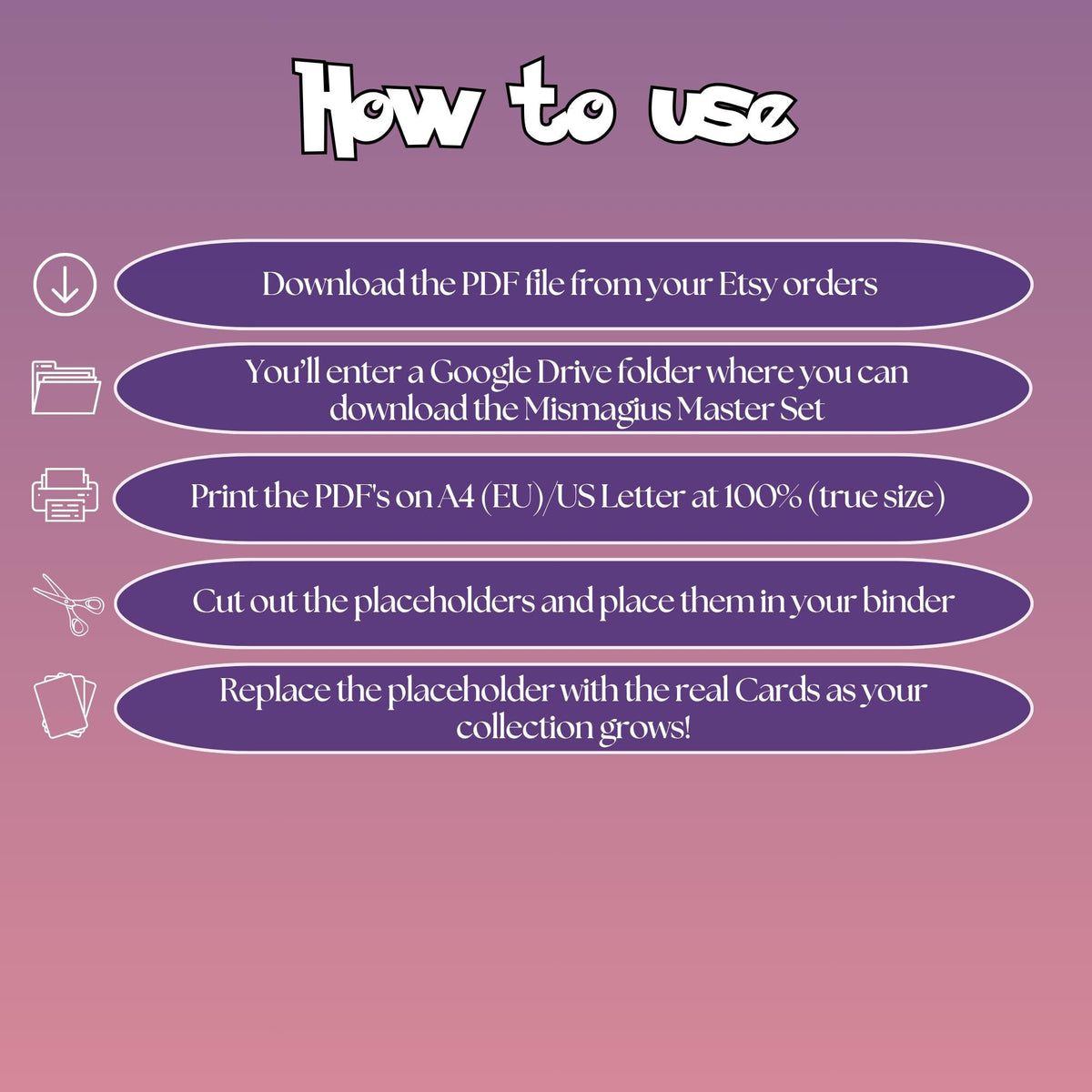 Mismagius cards digital download instructions explaining how to print, cut, and place placeholders in a Pokémon binder.