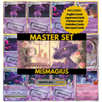 Mismagius binder pages set showing grayscale and color Pokémon cards, designed as a digital download to complete a collector’s binder.