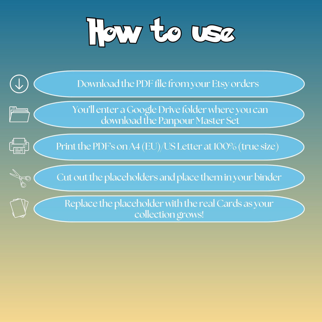 Panpour cards digital download instructions explaining how to print, cut, and place placeholders in a Pokémon binder.