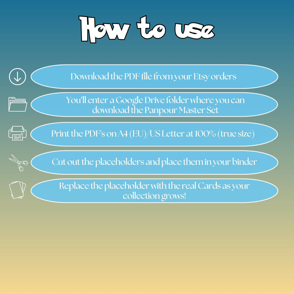 Panpour cards digital download instructions explaining how to print, cut, and place placeholders in a Pokémon binder.