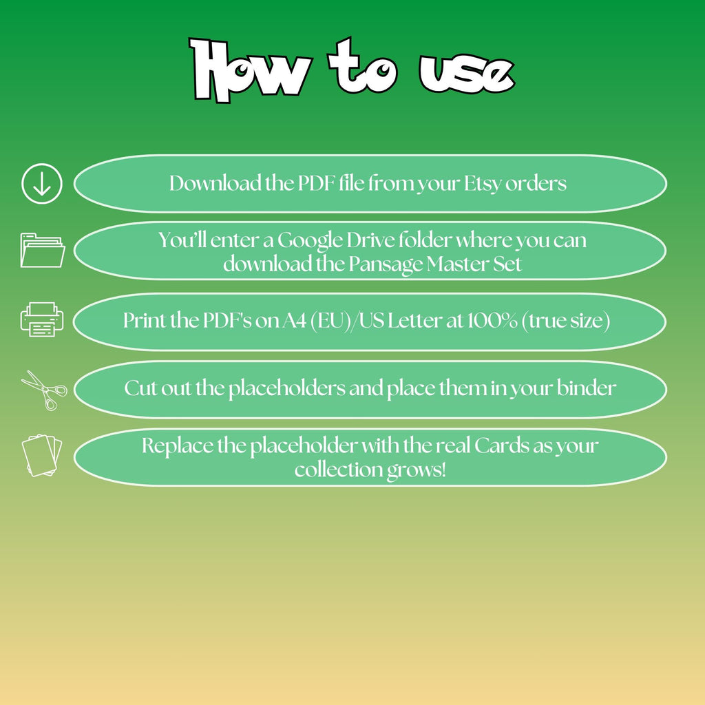 Pansage cards digital download instructions explaining how to print, cut, and place placeholders in a Pokémon binder.