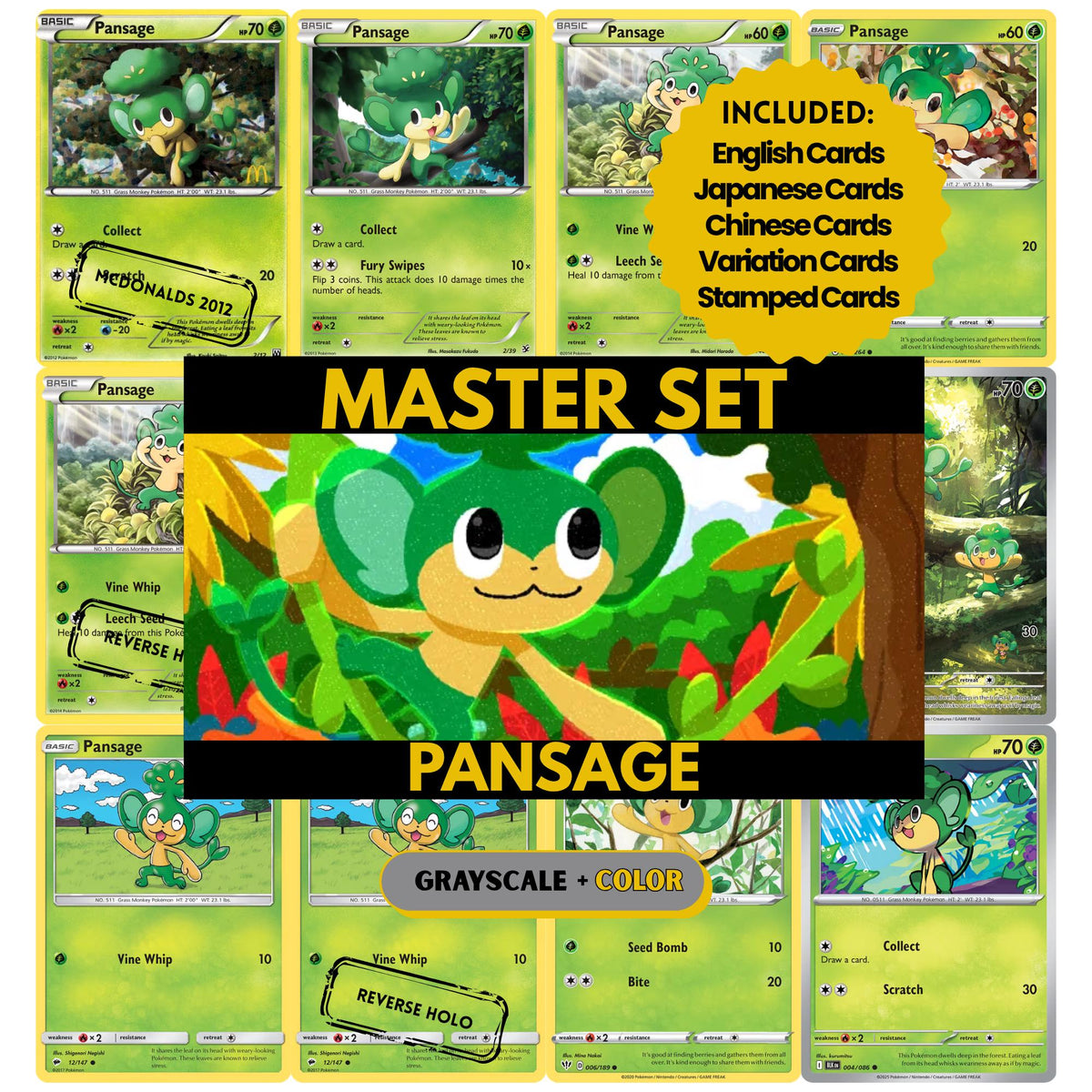 Pansage binder pages set showing grayscale and color Pokémon cards, designed as a digital download to complete a collector’s binder.