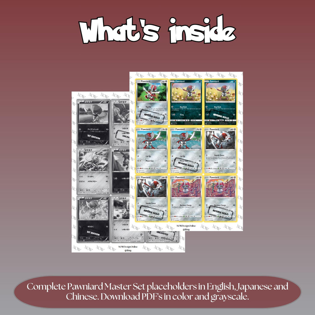 Pawniard binder pages set overview showing the included Pokémon cards to print and cut for your binder sleeves.