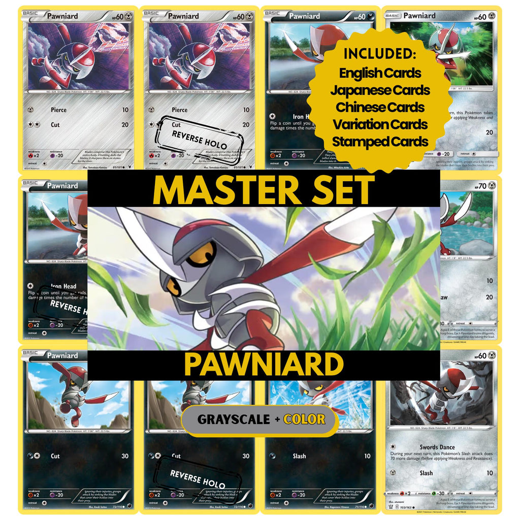 Pawniard binder pages set showing grayscale and color Pokémon cards, designed as a digital download to complete a collector’s binder.