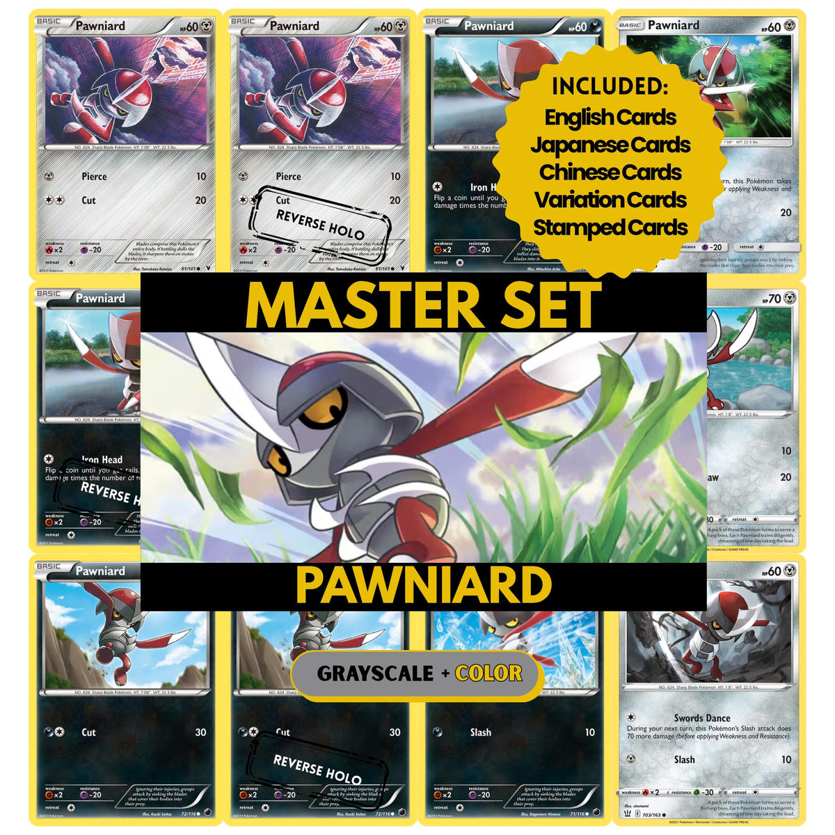Pawniard binder pages set showing grayscale and color Pokémon cards, designed as a digital download to complete a collector’s binder.