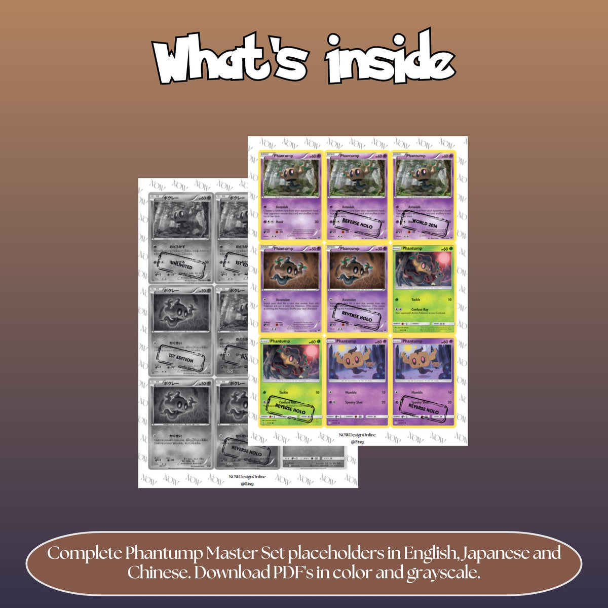 Phantump binder pages set overview showing the included Pokémon cards to print and cut for your binder sleeves.