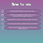 Polteageist cards digital download instructions explaining how to print, cut, and place placeholders in a Pokémon binder.