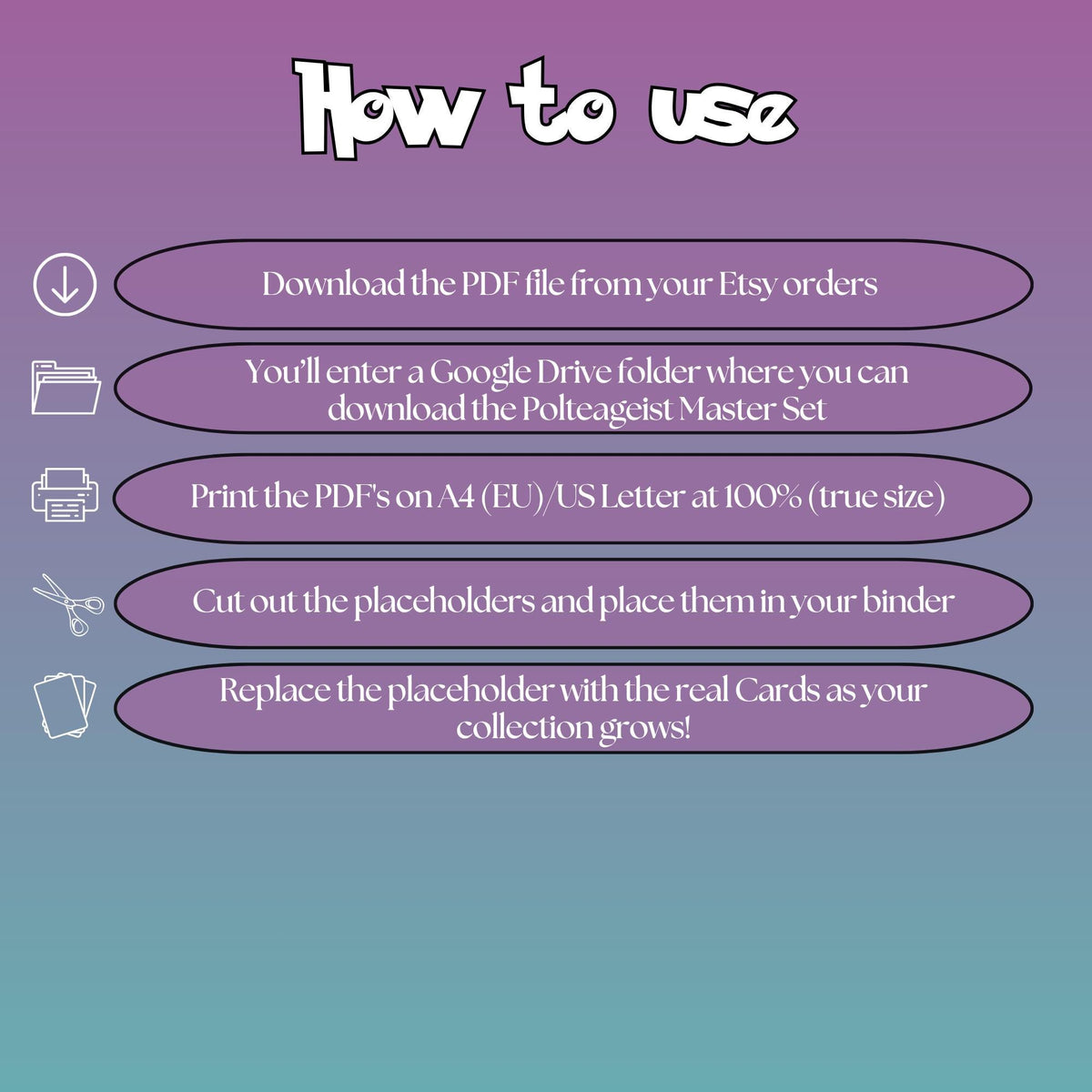 Polteageist cards digital download instructions explaining how to print, cut, and place placeholders in a Pokémon binder.