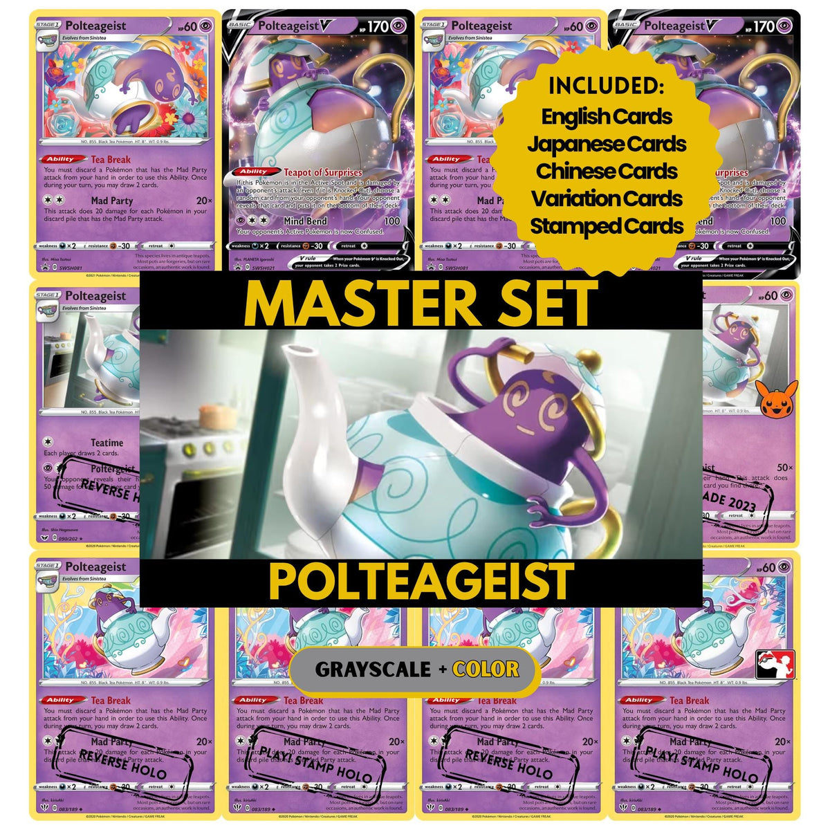 Polteageist binder pages set showing grayscale and color Pokémon cards, designed as a digital download to complete a collector’s binder.