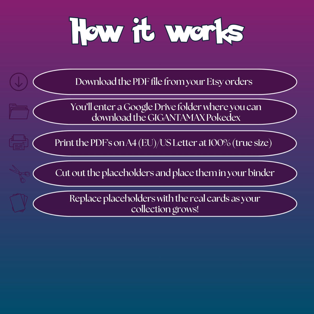 How to use Gigantamax Pokédex placeholders guide showing download, print, cut and place steps for organizing a Pokémon binder.