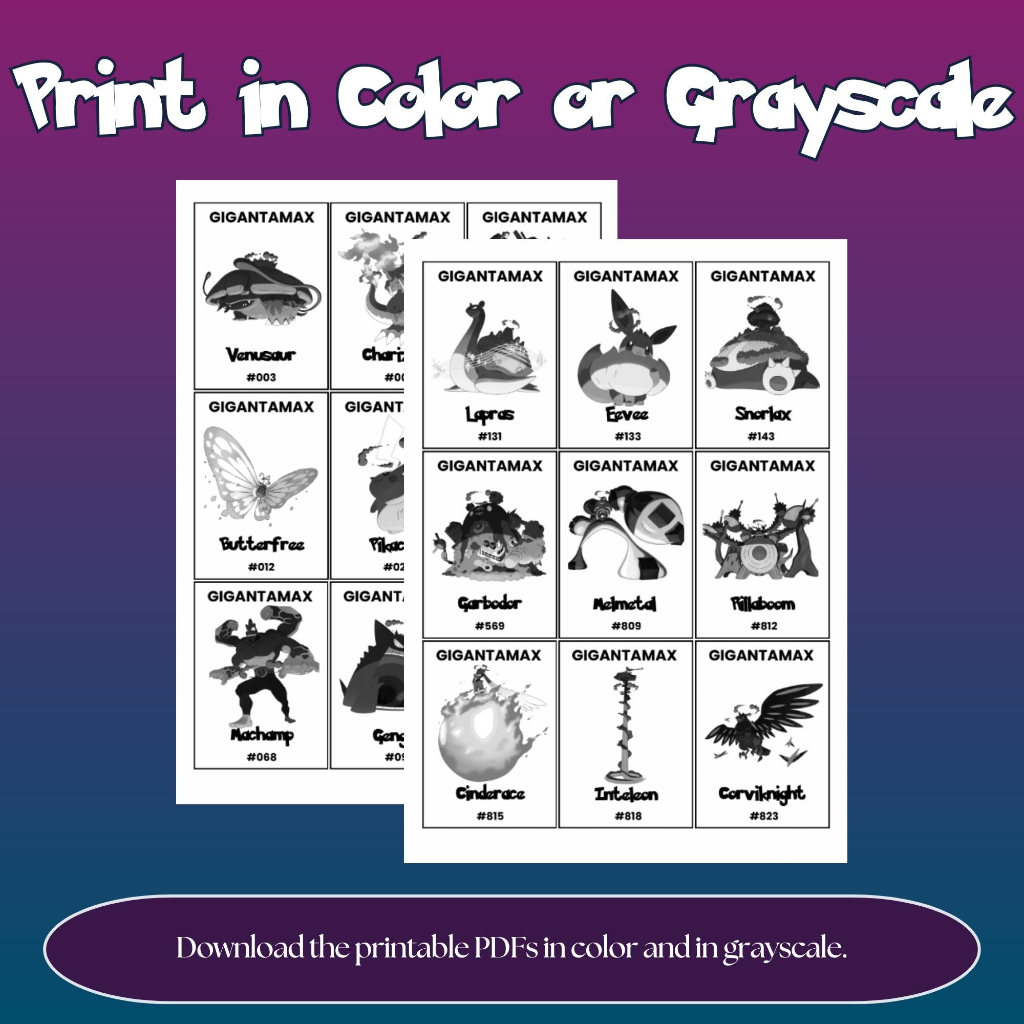 Printable Gigantamax Pokédex placeholders available in color and grayscale designed for Pokémon binder organization and easy home printing.