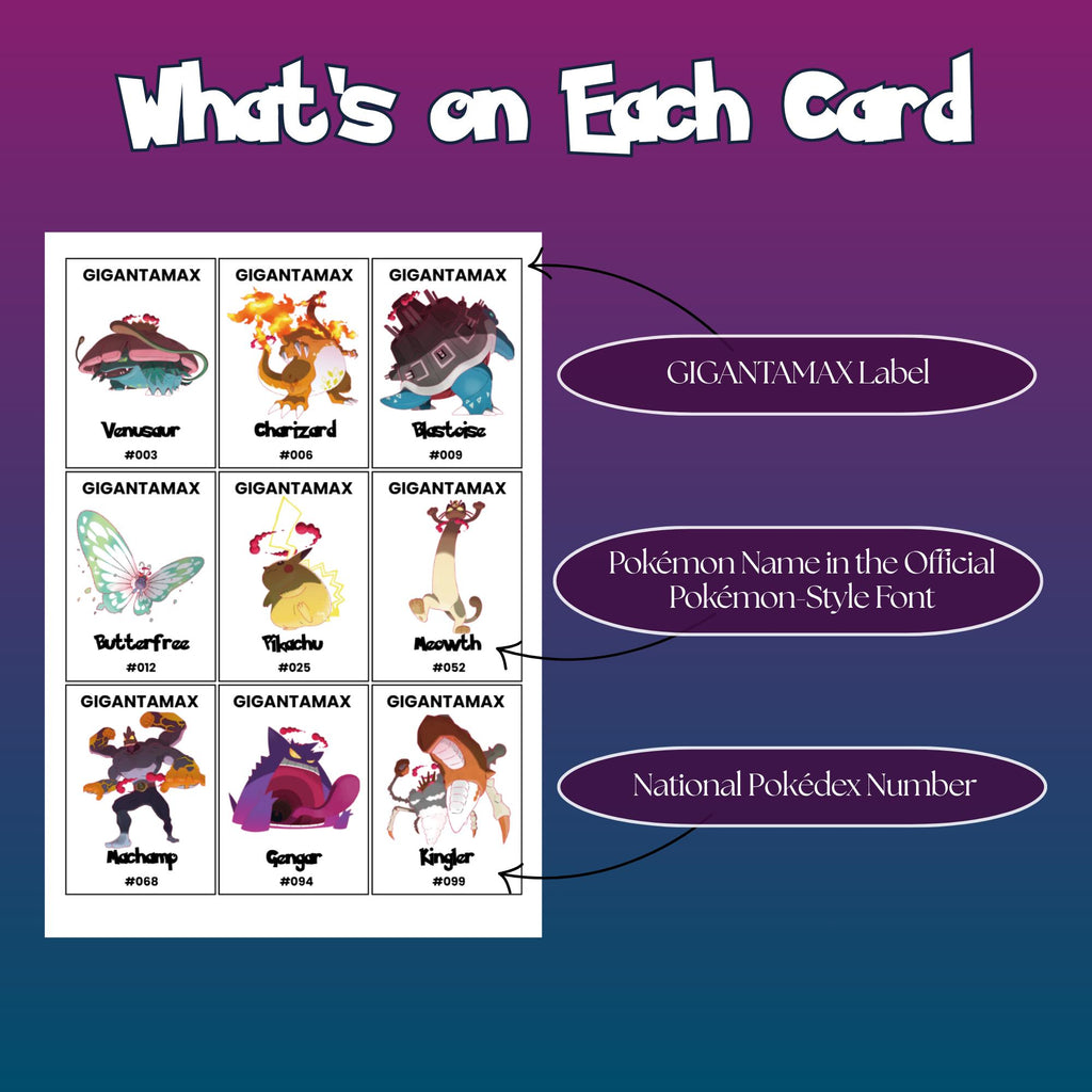 Example of Gigantamax Pokédex placeholder cards showing the Gigantamax label, Pokémon name in Pokémon style font, and National Pokédex number.