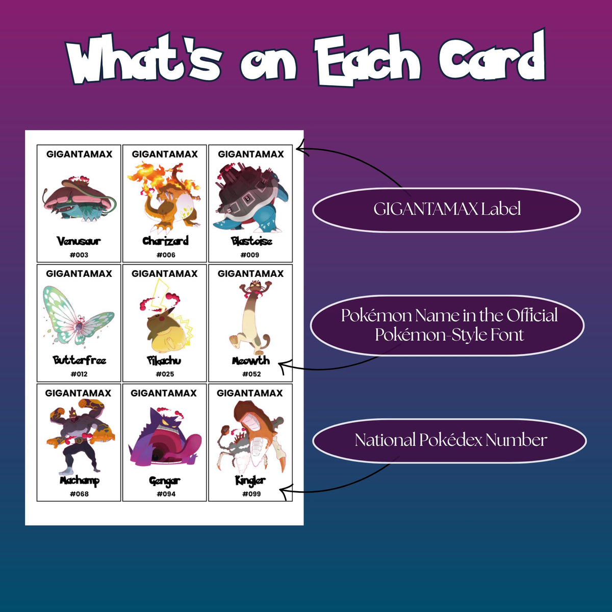 Example of Gigantamax Pokédex placeholder cards showing the Gigantamax label, Pokémon name in Pokémon style font, and National Pokédex number.