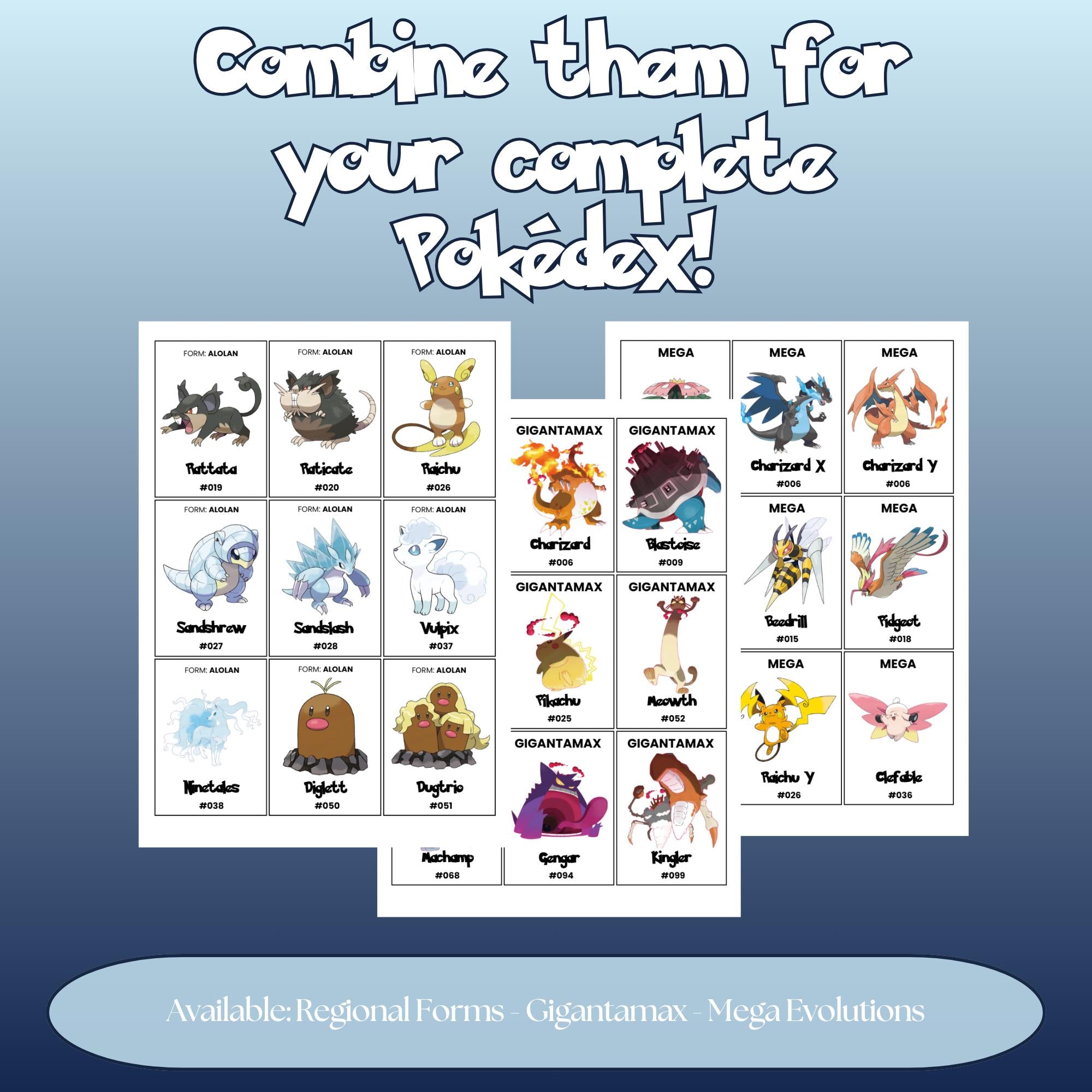Regional Forms Pokédex placeholders shown alongside Gigantamax and Mega Evolution placeholder cards, available to combine into a complete Pokémon Pokédex binder.