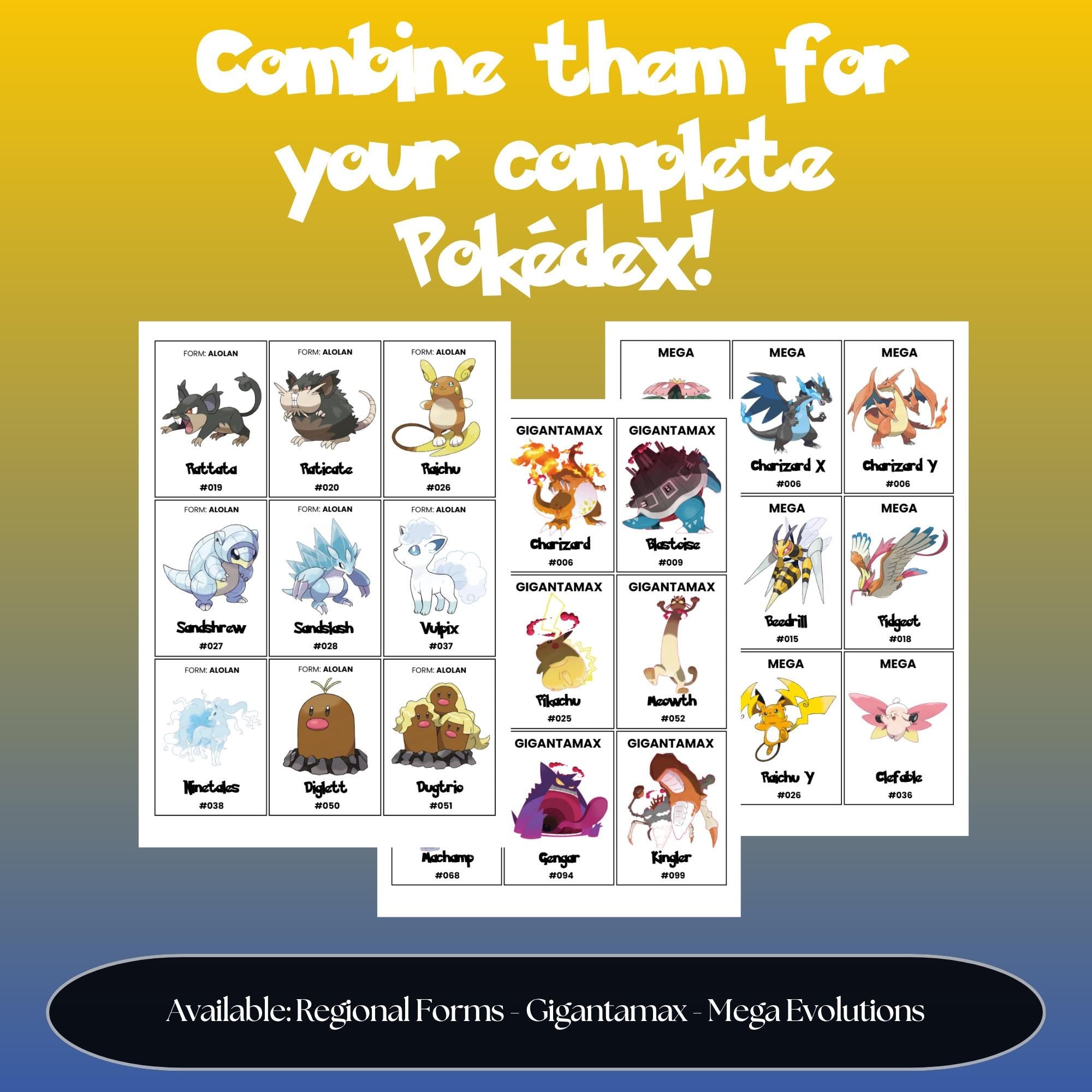 Mega Evolution Pokédex placeholders shown alongside Gigantamax and Regional Forms placeholder cards, available to combine into a complete Pokémon Pokédex binder.