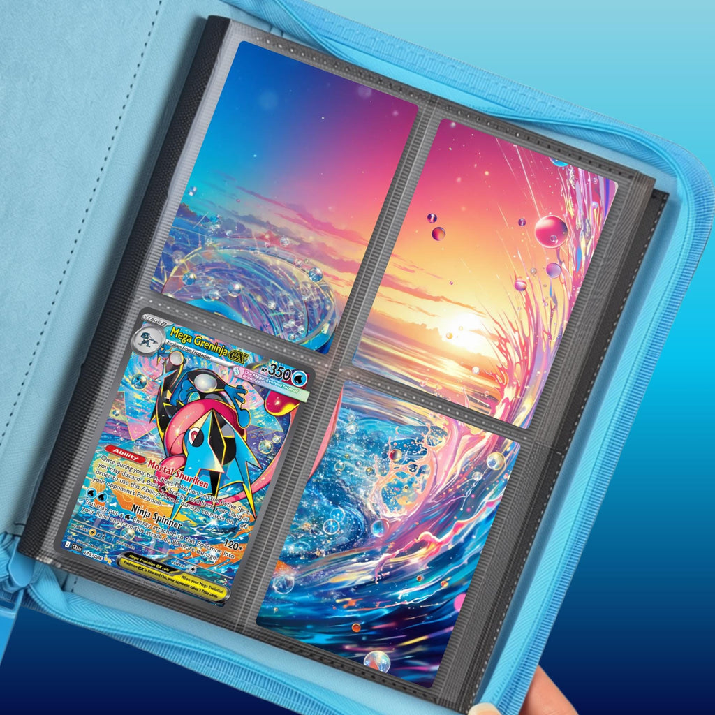 Mega Greninja ex extended binder artwork displayed in a 4 pocket Pokémon binder held in hand.