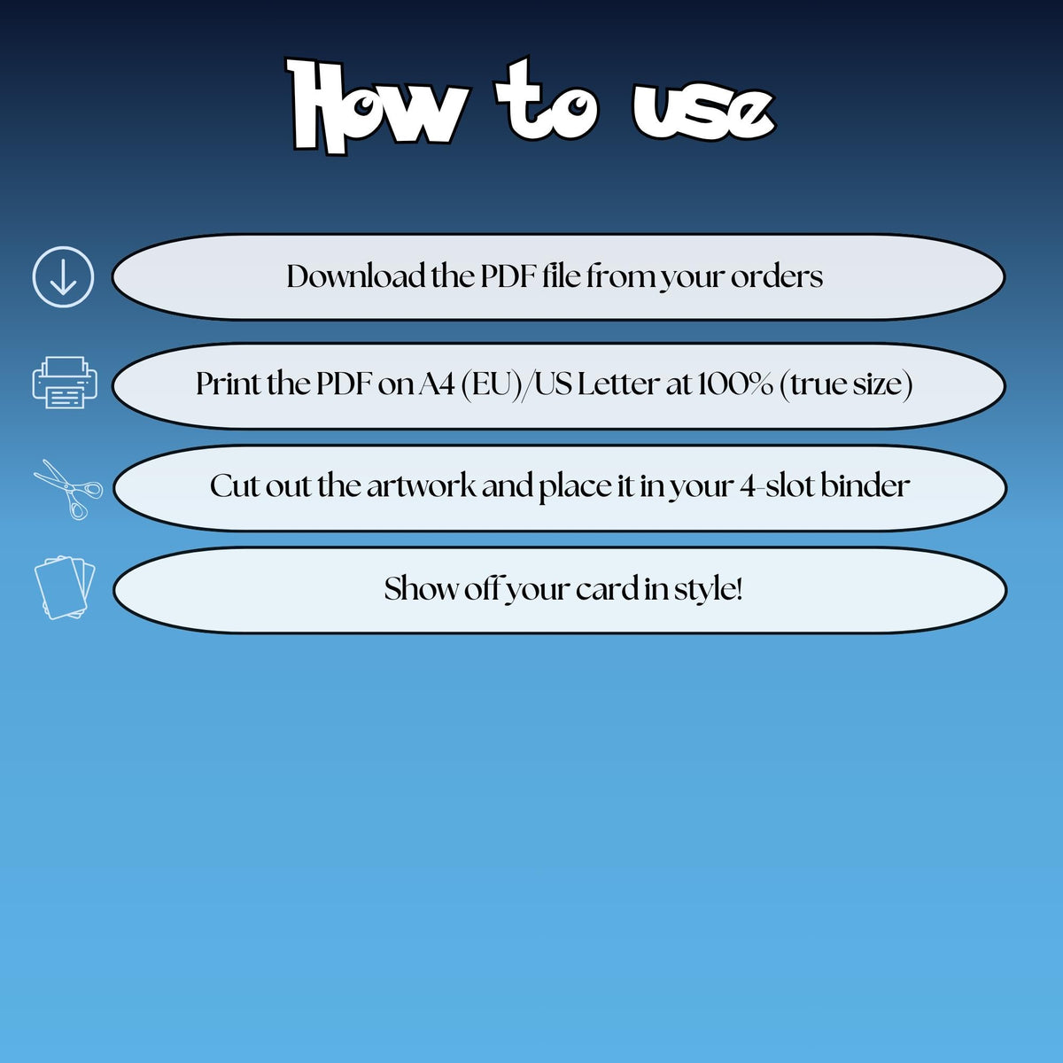 How to use instructions for printable Poliwhirl extended binder art, showing steps for downloading, printing, cutting and inserting the artwork into a 4-slot binder.