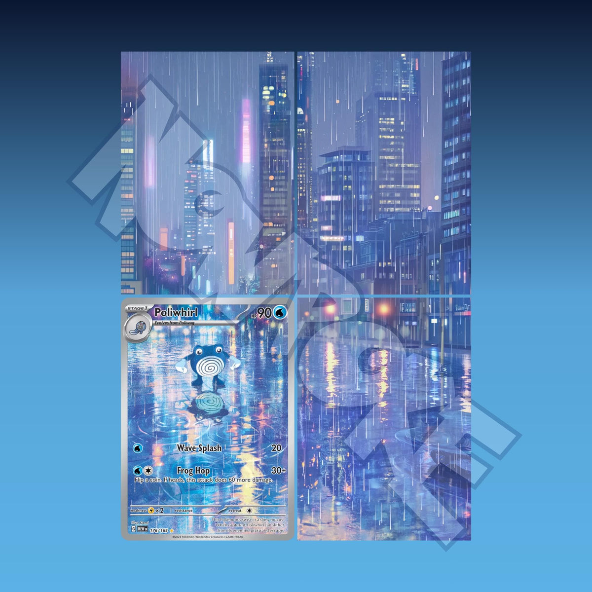 Extended binder art preview showing Poliwhirl card surrounded by rainy neon cityscape artwork across a 4 pocket binder page.