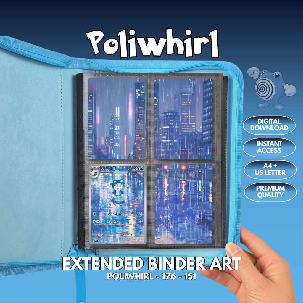 Extended binder art cover featuring Poliwhirl card in a 4-slot binder layout, with a rainy neon cityscape artwork and digital download labels.