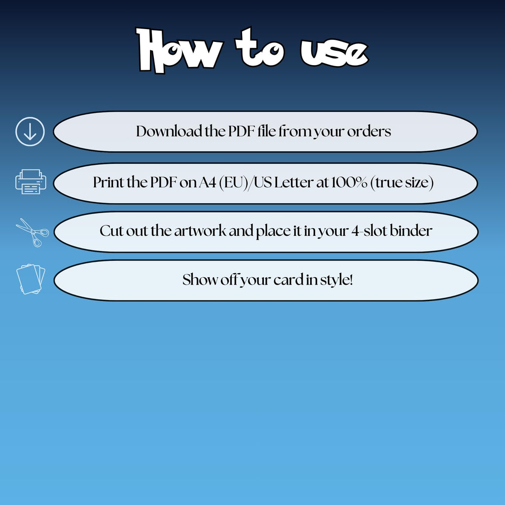 How to use instructions for printable Poliwhirl extended binder art, showing steps for downloading, printing, cutting and inserting the artwork into a 4-slot binder.