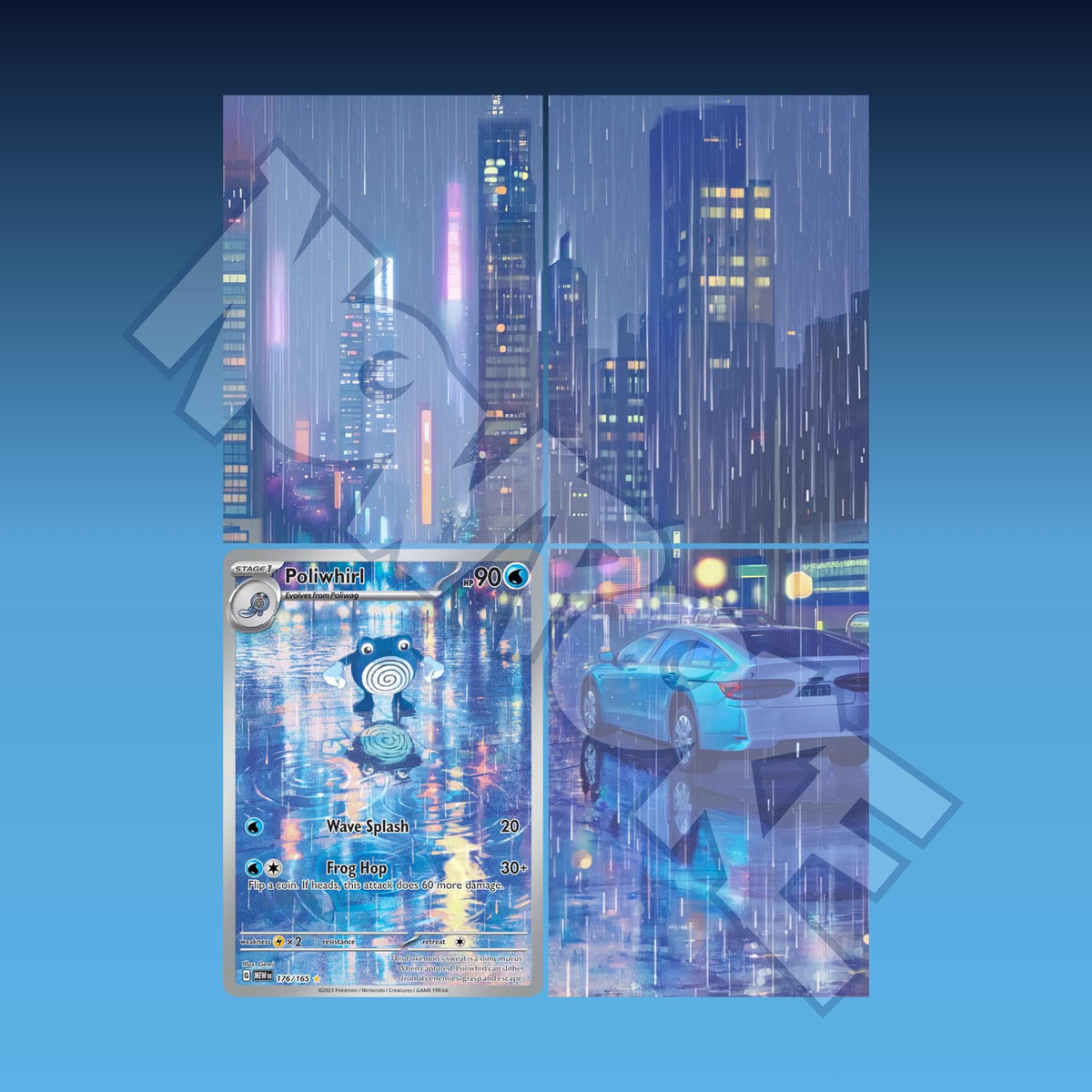 Extended binder art preview showing Poliwhirl card surrounded by rainy neon cityscape artwork across a 4 pocket binder page.