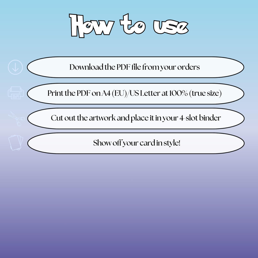 How to use instructions for printable Starmie V extended binder art, showing steps for downloading, printing, cutting and inserting the artwork into a 4-slot binder.