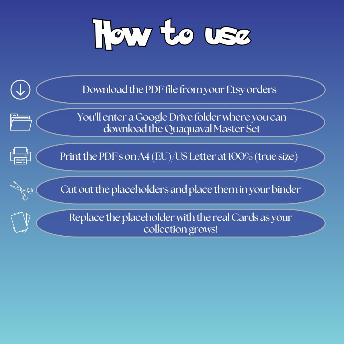 Quaquaval cards digital download instructions explaining how to print, cut, and place placeholders in a Pokémon binder.