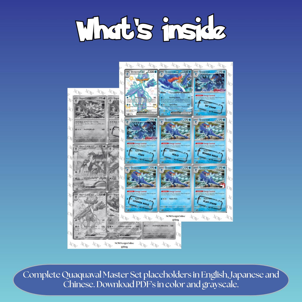 Quaquaval binder pages set overview showing the included Pokémon cards to print and cut for your binder sleeves.