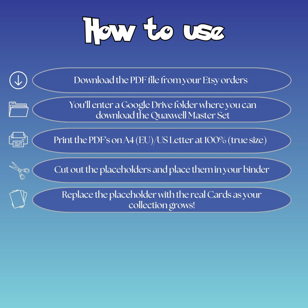 Quaxwell cards digital download instructions explaining how to print, cut, and place placeholders in a Pokémon binder.
