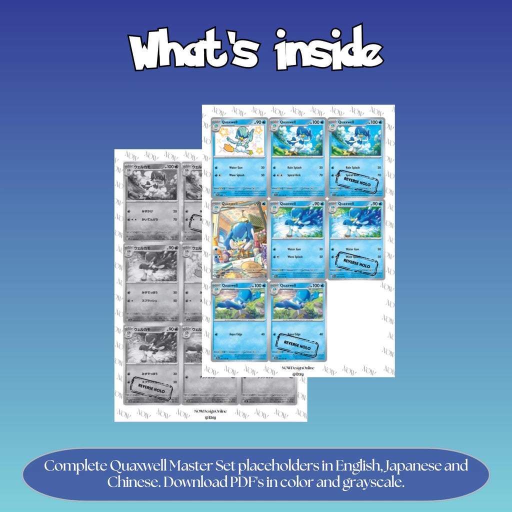 Quaxwell binder pages set overview showing the included Pokémon cards to print and cut for your binder sleeves.