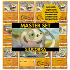 Silicobra binder pages set showing grayscale and color Pokémon cards, designed as a digital download to complete a collector’s binder.