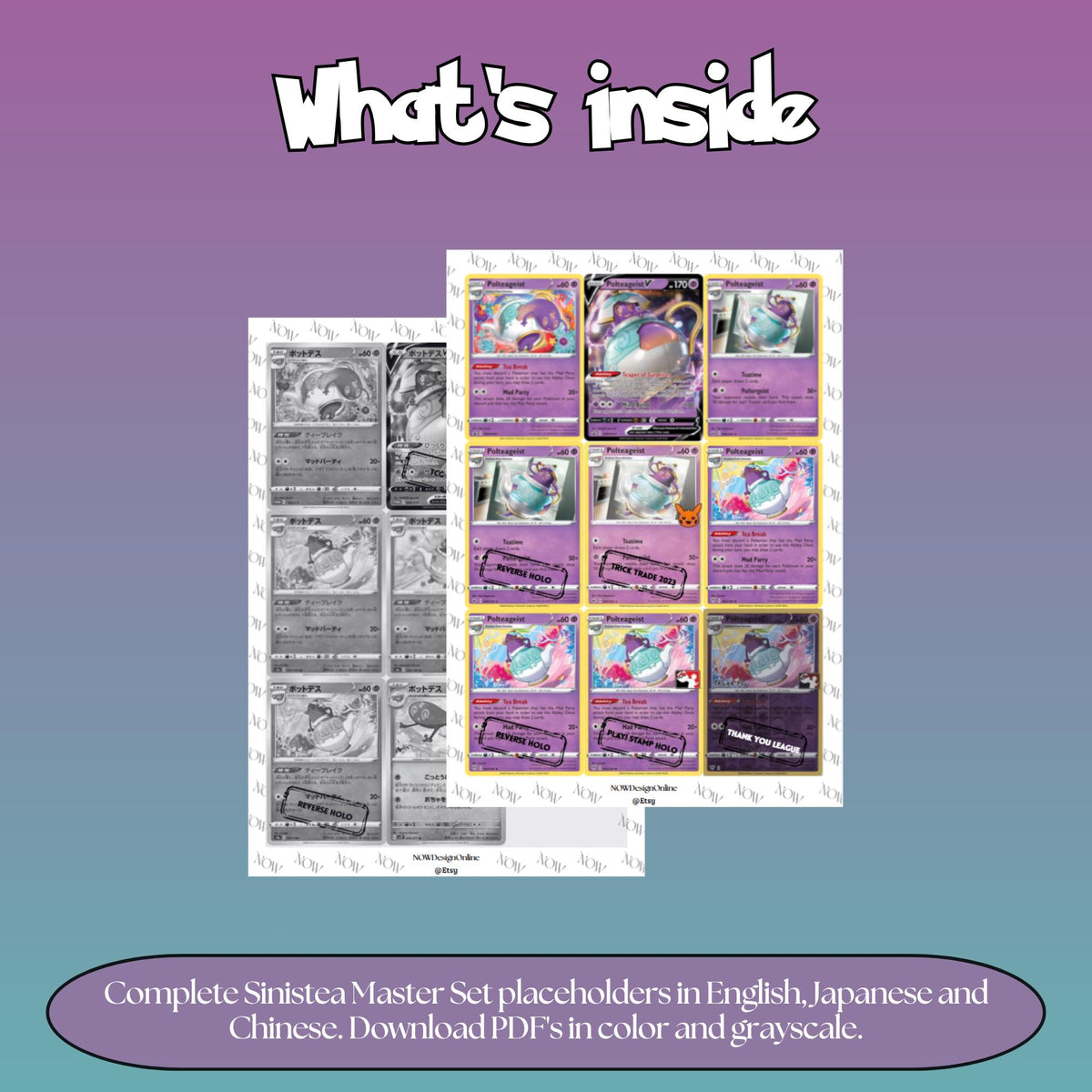 Sinistea binder pages set overview showing the included Pokémon cards to print and cut for your binder sleeves.