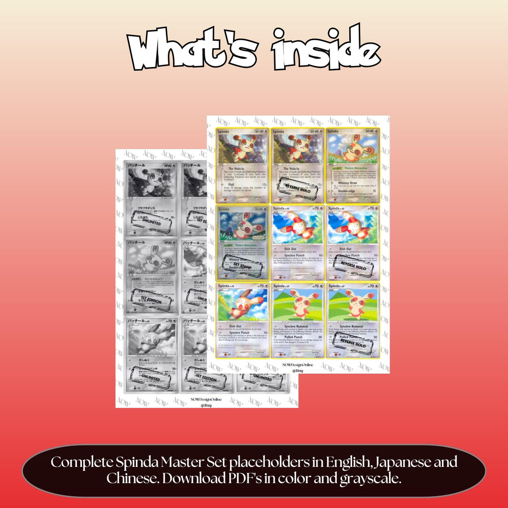 Spinda binder pages set overview showing the included Pokémon cards to print and cut for your binder sleeves.