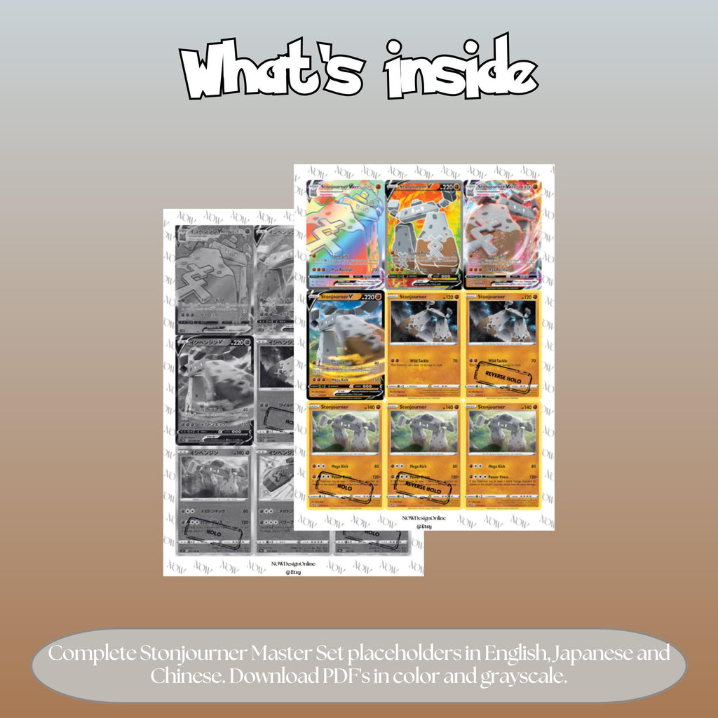 Stonjourner binder pages set overview showing the included Pokémon cards to print and cut for your binder sleeves.