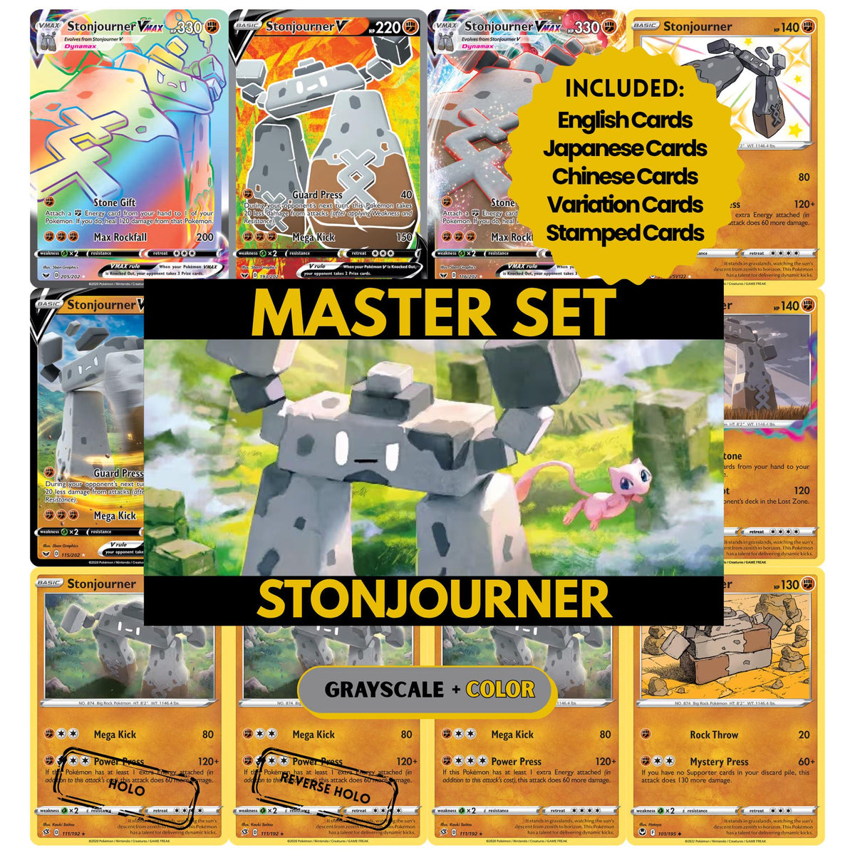 Stonjourner binder pages set showing grayscale and color Pokémon cards, designed as a digital download to complete a collector’s binder.