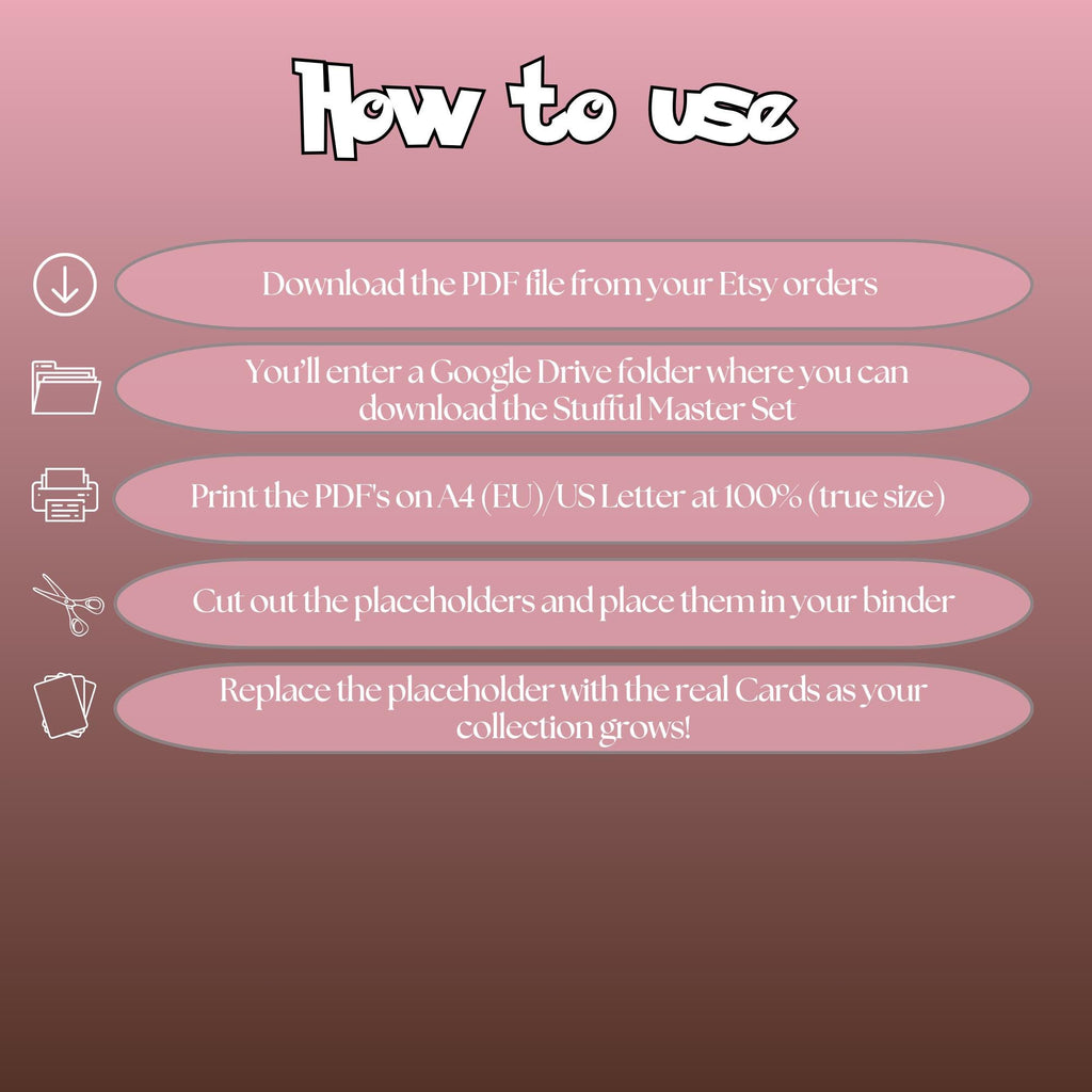 Stufful cards digital download instructions explaining how to print, cut, and place placeholders in a Pokémon binder.