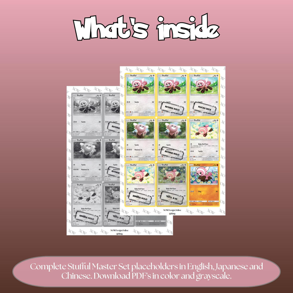 Stufful binder pages set overview showing the included Pokémon cards to print and cut for your binder sleeves.