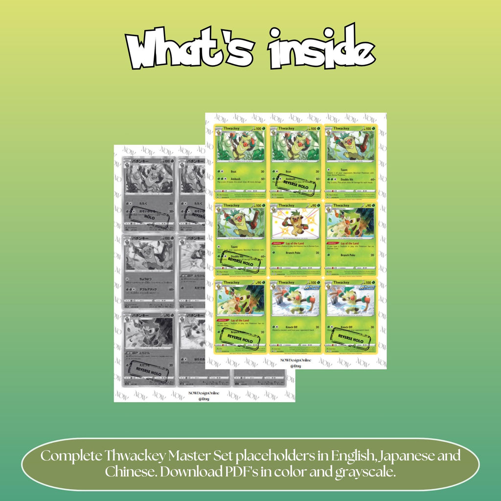 Thwackey binder pages set overview showing the included Pokémon cards to print and cut for your binder sleeves.