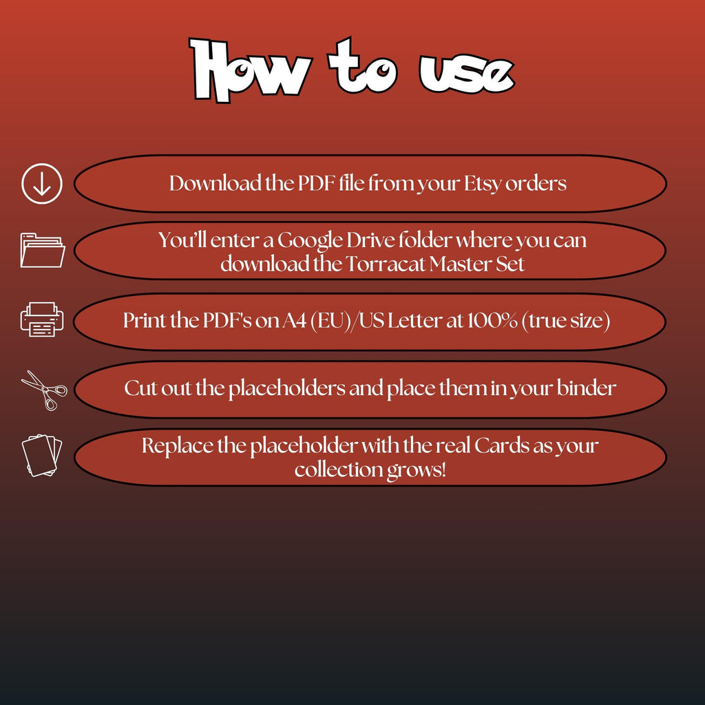 Torracat cards digital download instructions explaining how to print, cut, and place placeholders in a Pokémon binder.