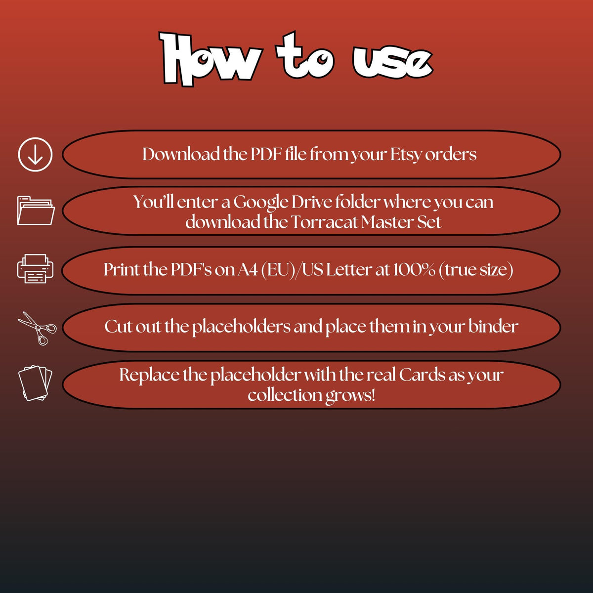 Torracat cards digital download instructions explaining how to print, cut, and place placeholders in a Pokémon binder.