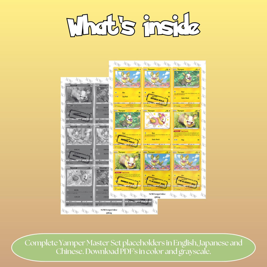 Yamper binder pages set overview showing the included Pokémon cards to print and cut for your binder sleeves.