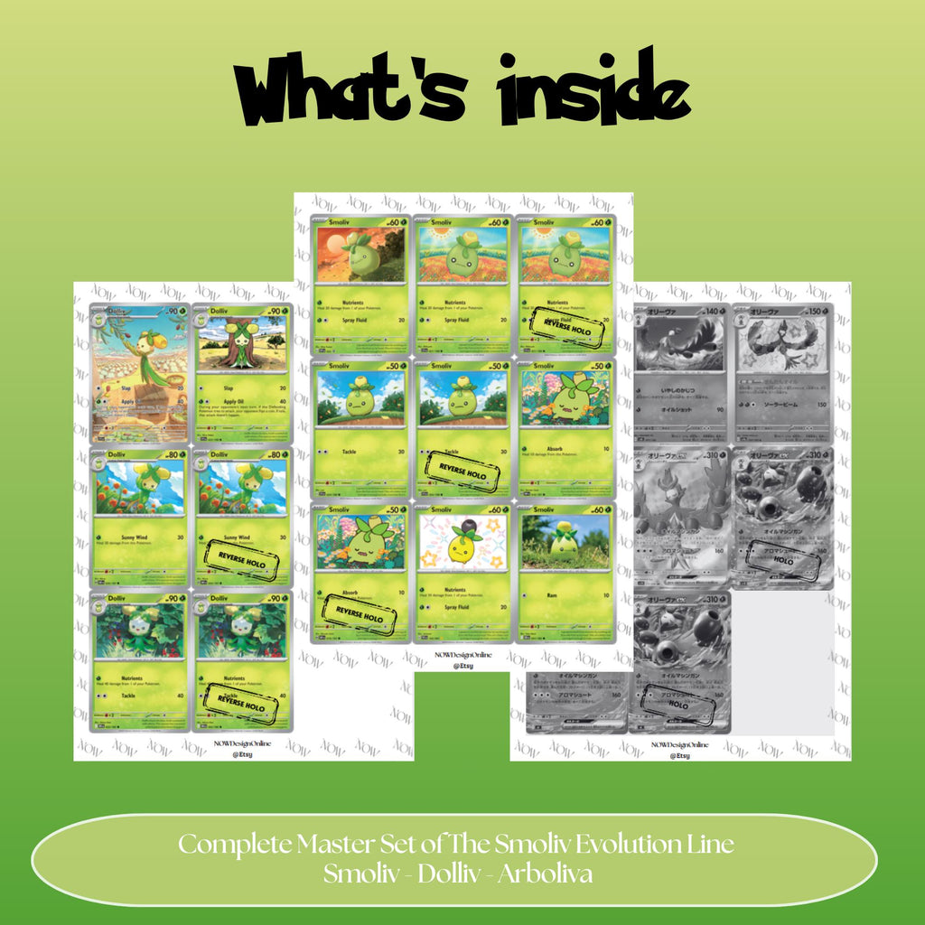 Smoliv Evolutions binder pages set overview showing the included Pokémon cards to print and cut for your binder sleeves.