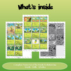 Smoliv Evolutions binder pages set overview showing the included Pokémon cards to print and cut for your binder sleeves.