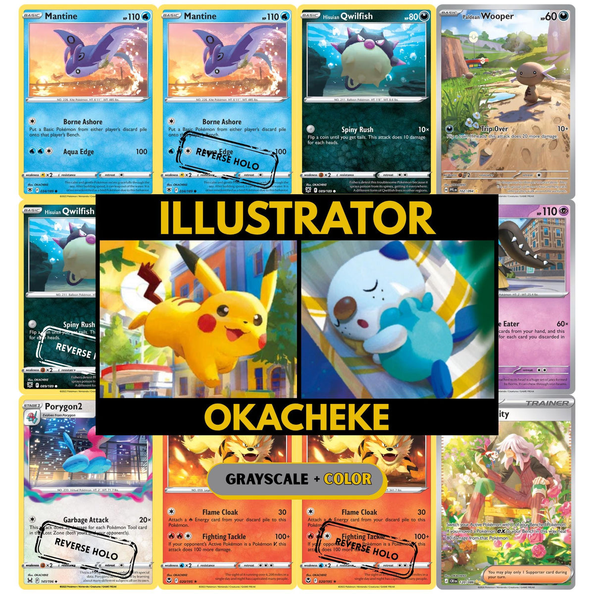 Okacheke illustrator binder pages set showing unique Pokémon card artworks in grayscale and color, designed as a digital download to complete a collector’s binder.