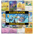 Oswaldo Kato illustrator binder pages set showing unique Pokémon card artworks in grayscale and color, designed as a digital download to complete a collector’s binder.