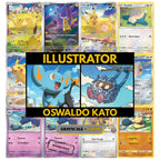 Oswaldo Kato illustrator binder pages set showing unique Pokémon card artworks in grayscale and color, designed as a digital download to complete a collector’s binder.