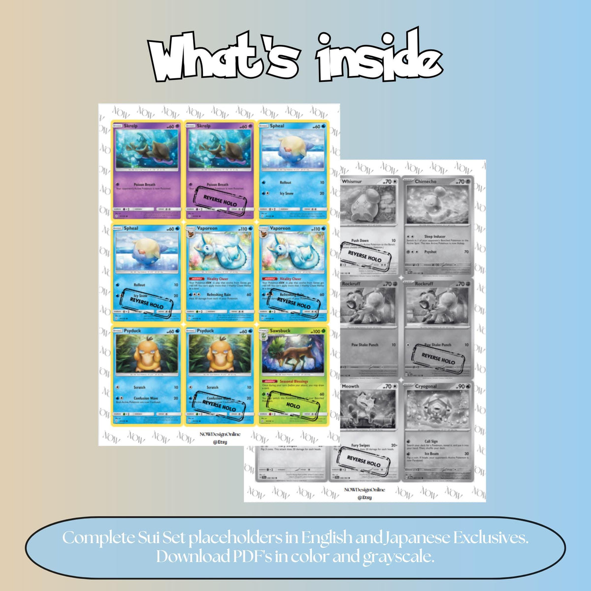 Sui illustrator set overview showing the included Pokémon cards to print and cut for your binder sleeves.