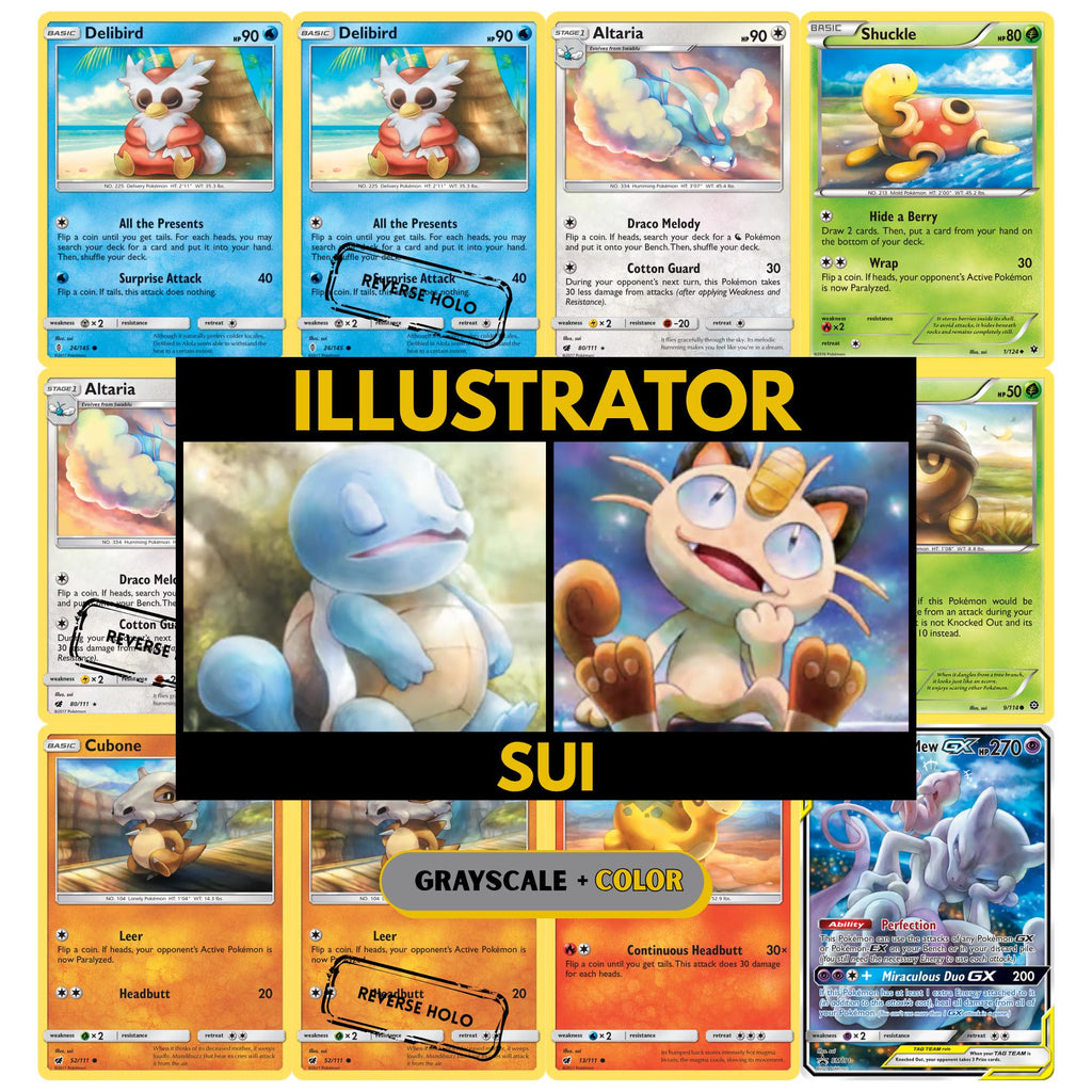 Sui illustrator binder pages set showing unique Pokémon card artworks in grayscale and color, designed as a digital download to complete a collector’s binder.