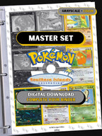 Southern Islands master set binder page showing grayscale and color Pokémon cards, designed as a digital download with checklist to complete a collector’s binder.