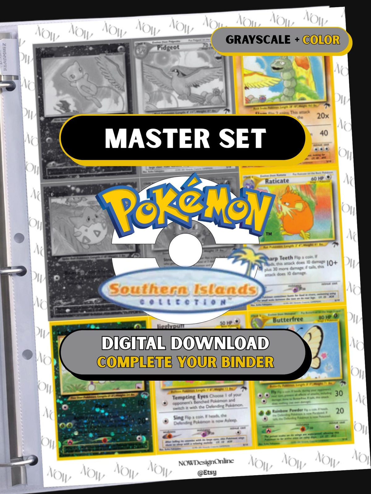 Southern Islands master set binder page showing grayscale and color Pokémon cards, designed as a digital download with checklist to complete a collector’s binder.